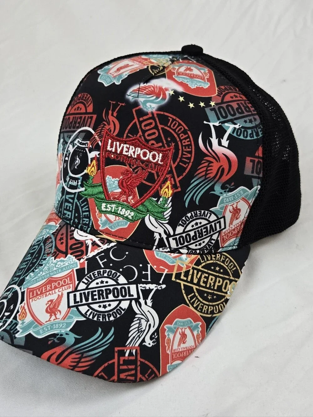 Liverpool FC All Over Print Trucker Hat Snapback Black Red One Size